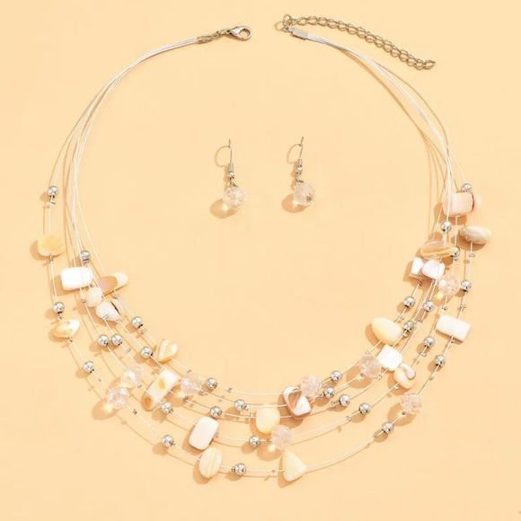 Boho layered wire shell bead rhinestone necklace - Picture 4 of 10